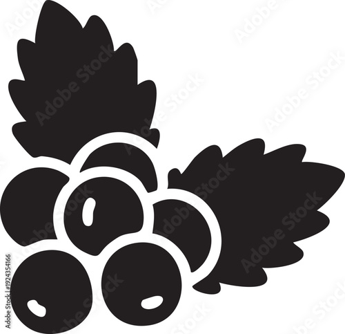 Black Icon of a Bunch of Berries with Jagged Leaves