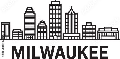 Milwaukee city skyline outline black and white vector illustration with text