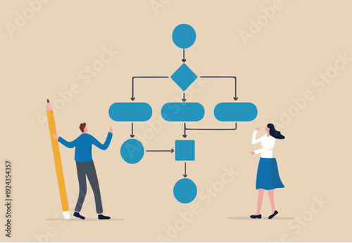  Business process, workflow diagram or model design, flowchart to get result, map or plan for business procedure, solution, strategy to implement concept, business people drawing workflow proc.
