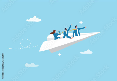 Team winning business achievement, teamwork working together, company direction, leadership strategy, motivation, aspirations concept, manager lead business people employee on paper airplane