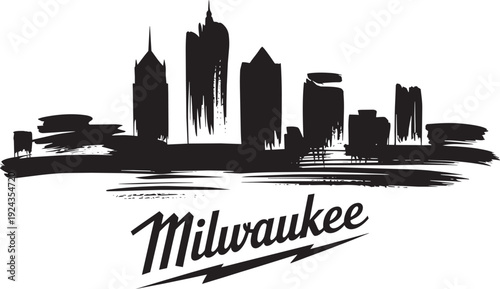 Milwaukee skyline silhouette brush stroke graphic with city name text and lightning bolt vector