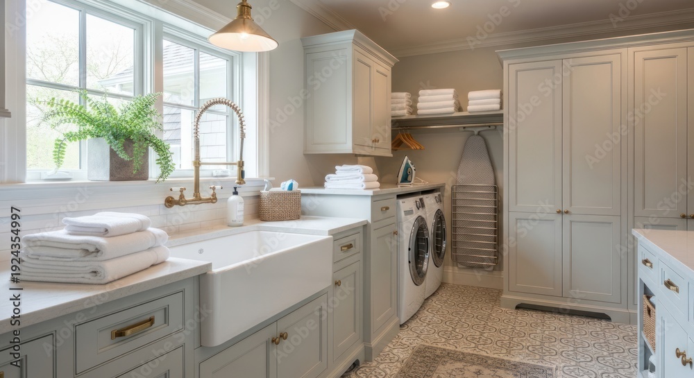 Fototapeta premium Modern laundry room interior with sink cabinets washer dryer and window
