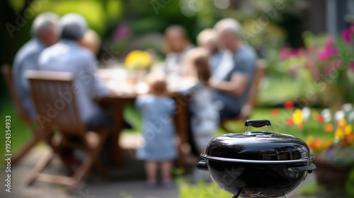 Faceless family enjoying sunny afternoon in backyard gathering around dining table while barbecue grill sits nearby children playing as adults socialize vibrant landscape outdo