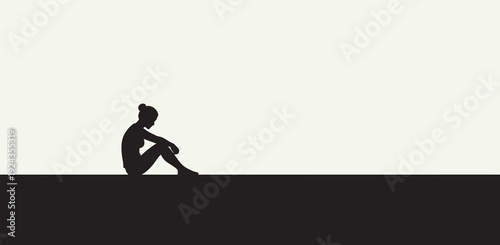 Sad Woman Sitting Alone Silhouette, Loneliness and Depression Mental Health Concept
