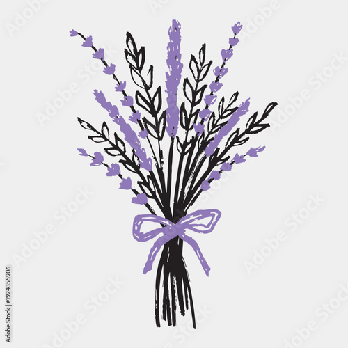Hand drawn lavender bouquet tied with ribbon. Wellness branding, spa decor, greeting cards, wedding stationery, and nature-inspired design. Vector sketch illustration in vintage crayon charcoal style