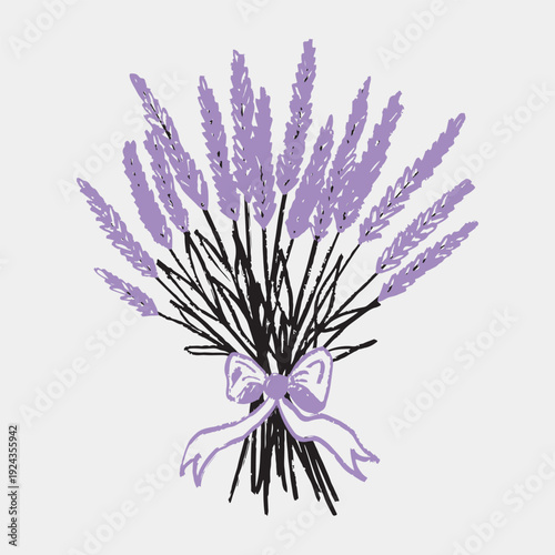 Hand drawn lavender bouquet tied with purple ribbon. Greeting card design, wedding invitation. Vector sketch illustration in vintage doodle crayon charcoal style.