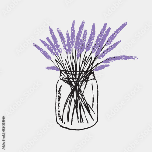 Hand drawn lavender bouquet in rustic jar. Home decor, spa branding, aromatherapy packaging, greeting cards, and botanical art projects. Vector sketch illustration in vintage crayon charcoal style