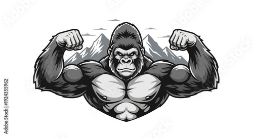 Strong gorilla flexing muscles against mountain range silhouette