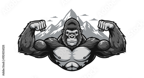 Strong gorilla flexing muscles with mountain background vector illustration