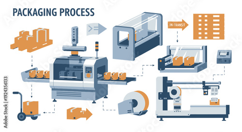 Industrial packaging process machinery and equipment in a manufacturing facility viewed from above