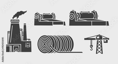 Industrial landscape with factory, crane, machinery, metal coil, and equipment icons in a minimalist style