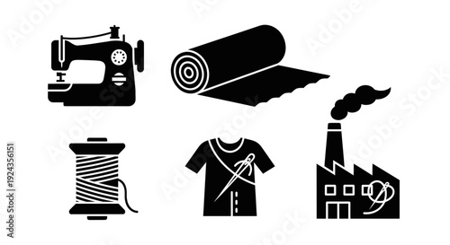Manufacturing process icons representing textile industry steps from fabric to finished garment