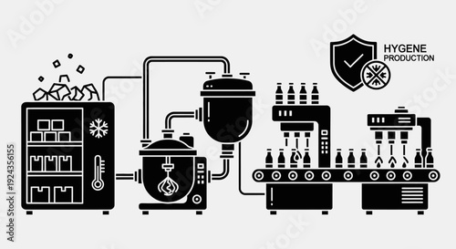 Industrial production line illustrating hygiene practices in a manufacturing facility with machinery and cleaning protocols