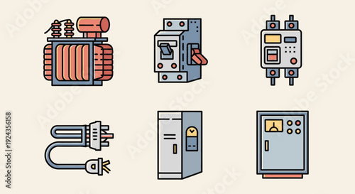 Illustration of various electrical components and devices showcasing technology and industry from a straightforward viewpoint