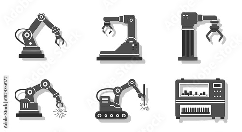 Various robotic arms and machinery components depicted in a neutral setting from a straightforward viewpoint