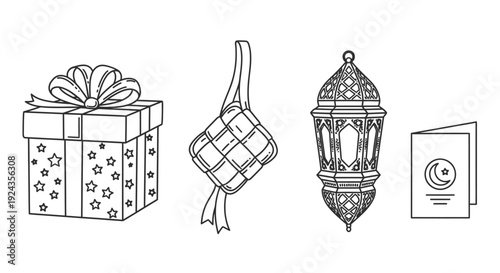 A festive illustration of a gift, sock, lantern, and card, celebrating a special occasion with elegant line art