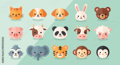 Cartoon animal faces set cat dog rabbit bear pig panda and more