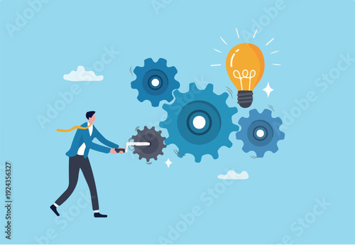  System development, innovation to get idea, solution or improvement, efficiency, effort or working progress, automation concept, businessman turning cogwheel to help system get new lightbulb