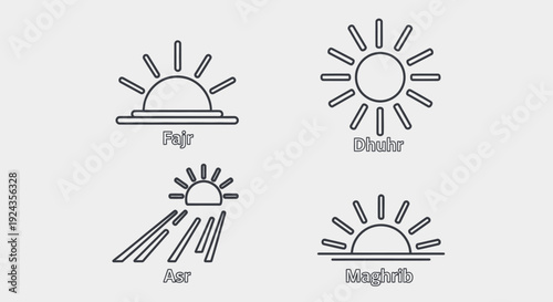Illustration set of sun icons depicting various weather conditions and times of day in a minimalist style