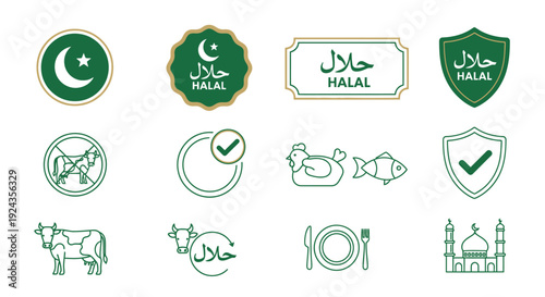 Collection of green halal certification icons representing permissible food and Islamic dietary laws in a clean and simple design
