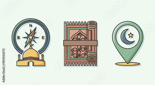 Travel icons representing navigation and cultural heritage on a digital interface