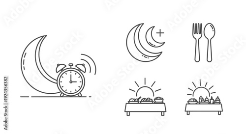 Morning routine icons representing wake-up time and breakfast in a simple linear style