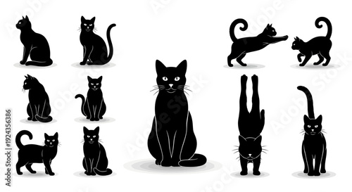Black cat silhouettes in various poses on white background vector illustration