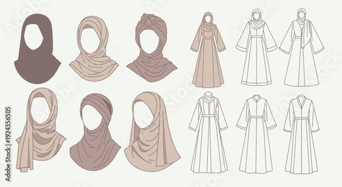 Collection of hijab and traditional clothing illustrations for women from different cultures, showcasing various styles and designs in a minimalist aesthetic