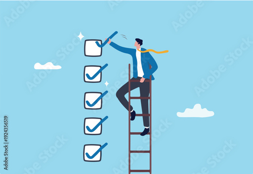 Criteria checklist report, evaluation list, complete checkbox, finish work, to do list or task done, quality assurance control, checkmark concept, businessman put tick on completion checklist.