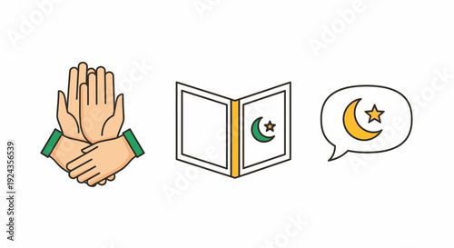 Illustration of hands together in prayer, a religious text, and a speech bubble with a crescent moon and star symbolizing faith and spirituality