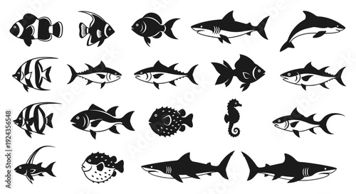 Collection of various marine fish silhouettes in black and white vector illustration
