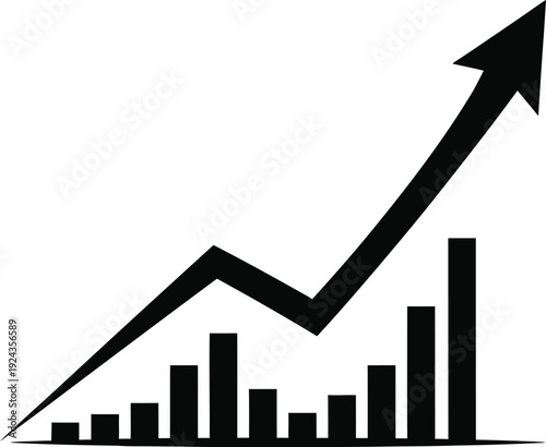 A black and white graph with an upward trend line and bar chart