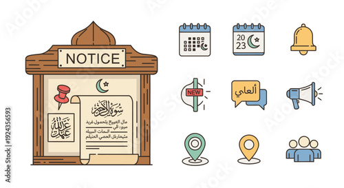 Notice board with official documents and icons representing announcements and notifications in a public setting