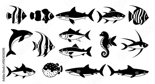 Collection of black and white fish silhouettes for design and illustration