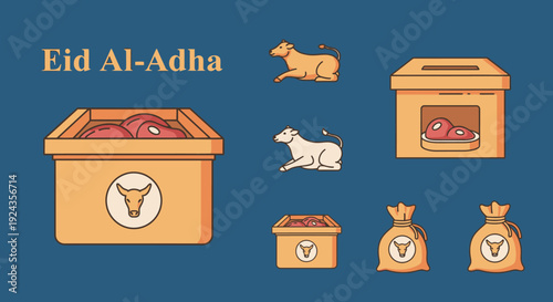 Celebrating Eid Al-Adha with charity boxes and sacrificial animals in a serene environment viewed from above