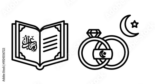 Illustration of wedding rings and sacred book under crescent moon and star symbolizing marital union and faith