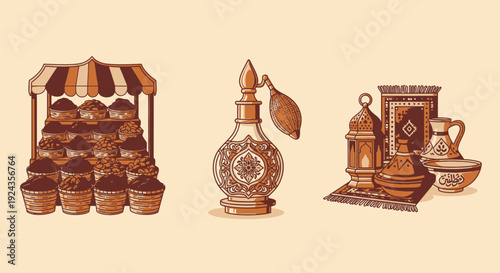 Traditional Middle Eastern market stall with spices and ornate vessels on display from a front viewpoint