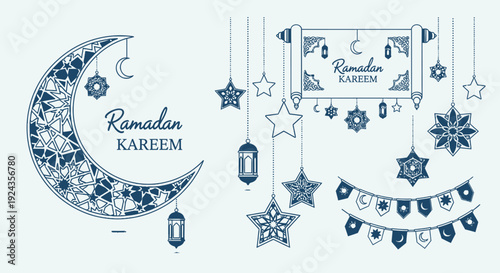 A serene Ramadan Kareem illustration featuring a crescent moon and stars hanging decorations from above in a peaceful environment viewed from the front