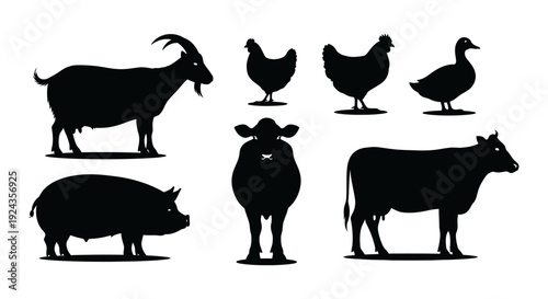 Farm animal silhouettes goat chickens duck cow and pig isolated on white