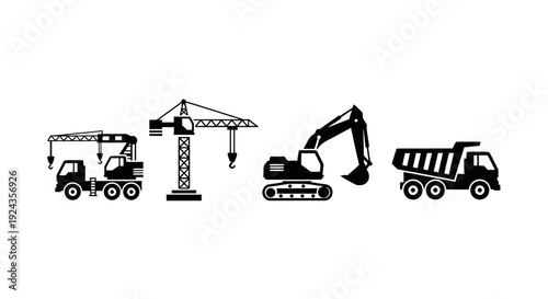 Construction vehicles and equipment silhouettes.