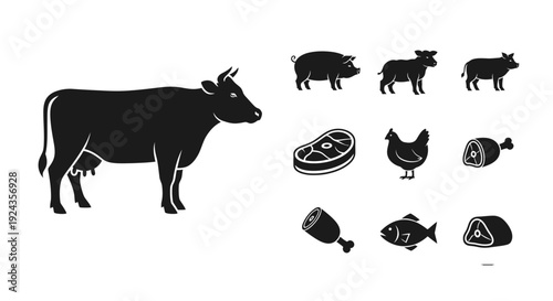 Black and white illustrations of farm animals and food products for commercial use
