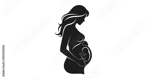 Silhouette of a pregnant woman with flowing hair.