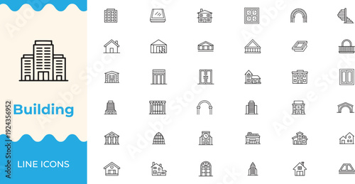 Real estate building and architecture editable line icons set. City house, office, residential, and urban construction vector illustration