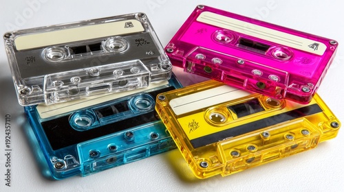 Colorful vintage cassette tapes on white background