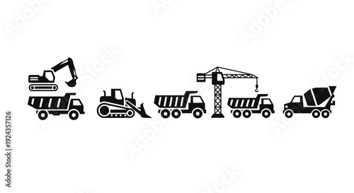 Construction vehicles silhouettes on white background.