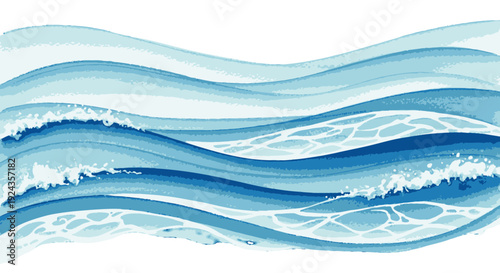 Serene ocean waves in shades of blue on white background.