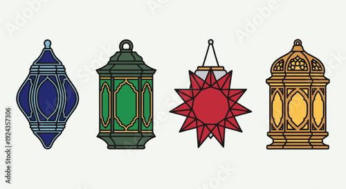 Assorted traditional lanterns and decorative star illustration showcasing cultural heritage and festive ambiance from a straightforward viewpoint