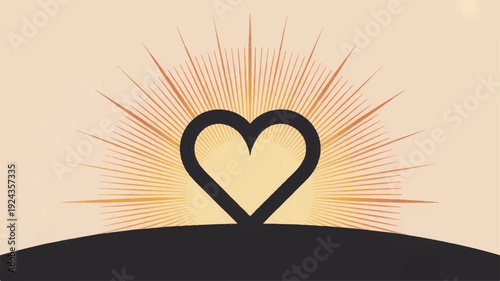Minimalist heart symbol with sunburst on a hill love and joy concept