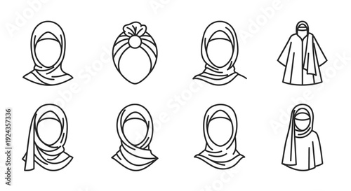 Collection of line drawings depicting diverse headscarves and traditional clothing worn by women, showcasing various styles and designs, from simple to intricate, in a minimalist illustration format.