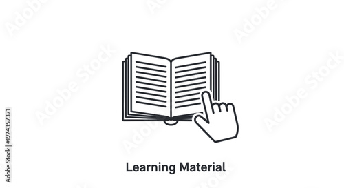 An open book with a hand pointing to the pages, symbolizing learning and education, viewed from a straightforward perspective.